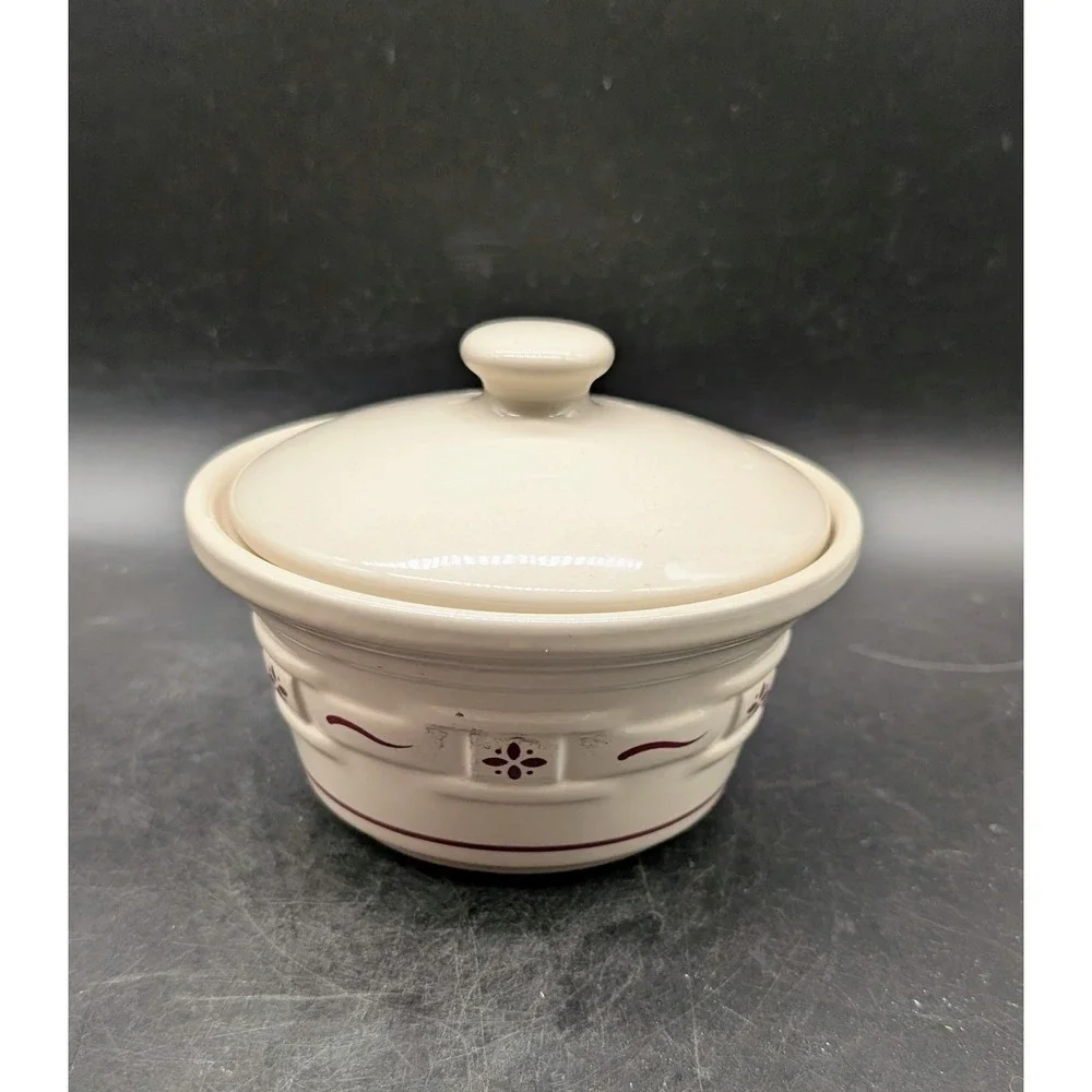 Longaberger Pottery Woven Traditions Ivory Burgundy Covered Casserole Dish USA